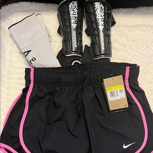 Nike Sports Soccer Black and Pink Soccer Shorts with Liner , Shin Guards Socks S